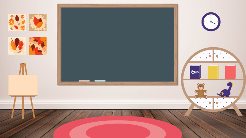 Fall-centric bitmoji classroom background with posters of leaves, an art easel, and a bookshelf.