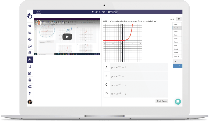 One of Candi's review questions in Otus. A video embedded from her YouTube channel sits next to a graph she's asking a question about. In the bottom right is the option for students to check their answer.