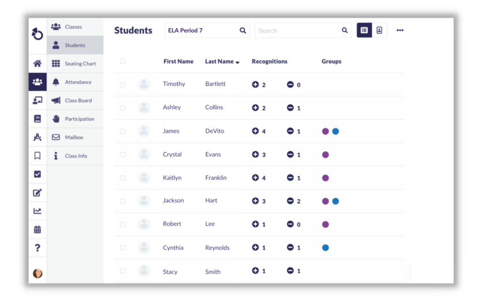 A student list in Otus LMS showing recognitions and student groups.