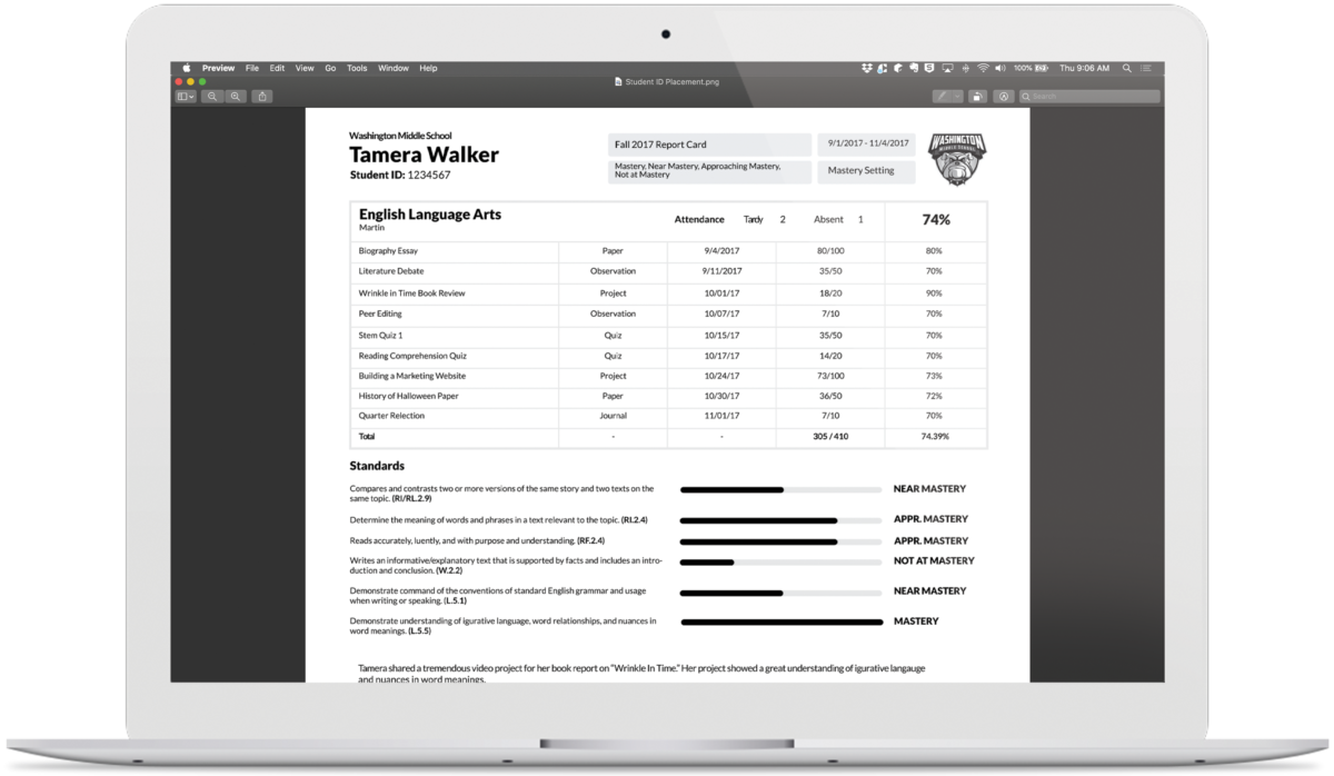 A standards-based report card in Otus is displayed on a laptop.