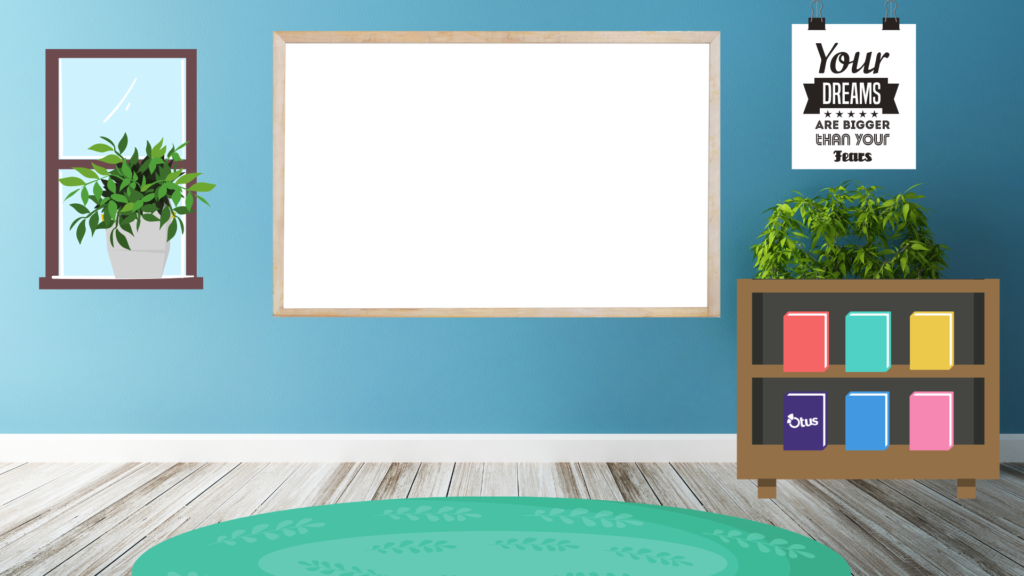 Blue bitmoji classroom background with an inspirational poster, a bookshelf, and two plants.