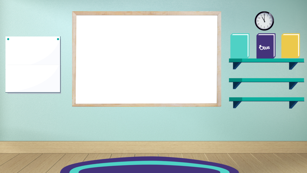 Blue bitmoji classroom background with floating shelfs, a white board, and a large post-it note.