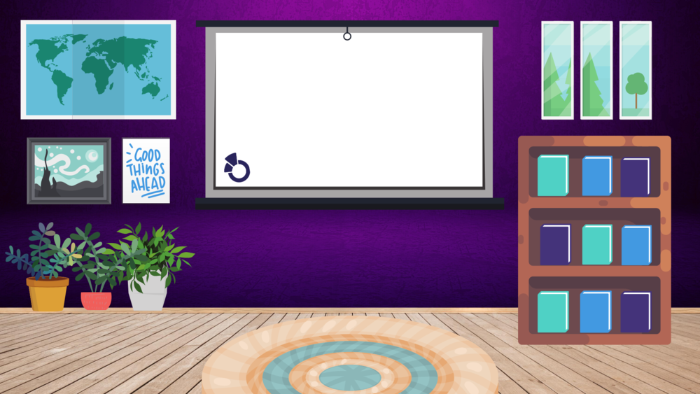 Purple bitmoji classroom background with a bookshelf, a projector screen, windows, plants, a world map, and motivational decor.