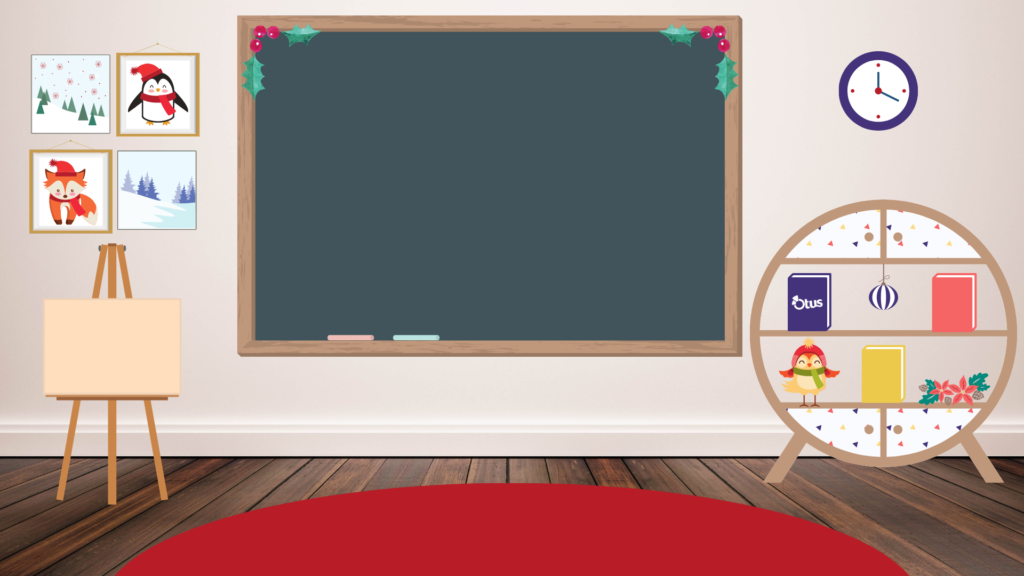 Bitmoji classroom template. This template has a chalkboard with holly in the top corners, an easel, four holiday pictures hung together to the left of the chalkboard, a purple clock to the right of the chalkboard, and a bookshelf underneath the clock. The bookshelf has three books, an ornament, an owl, and more holly. The classroom has a red carpet on the floor.