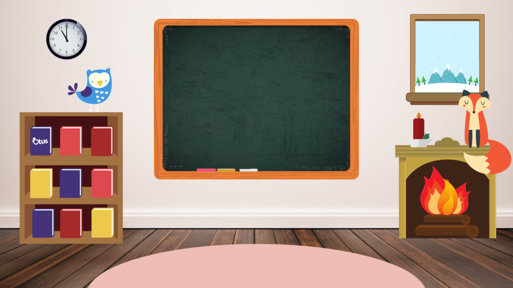 Bitmoji classroom template. This template has a pink wall with a chalkboard. To the left of the chalkboard is a clock with a bookshelf underneath. On top of the bookshelf is an owl. To the right of the chalkboard is a window with a snowy landscape. Underneath the window is a fireplace with a candle and a fox sitting on top. The classroom has a pink carpet on the floor.