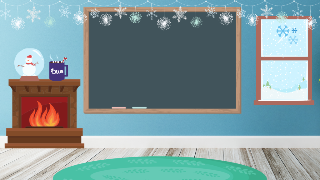 Bitmoji classroom template. This template has a blue wall, a strand of snowflakes hanging from the ceiling and a chalkboard. To the left of the chalkboard is a fireplace with a snow-globe and a mug of hot chocolate on top. To the right of the chalkboard is a window with a snowy background. The classroom has a green rug on the floor.