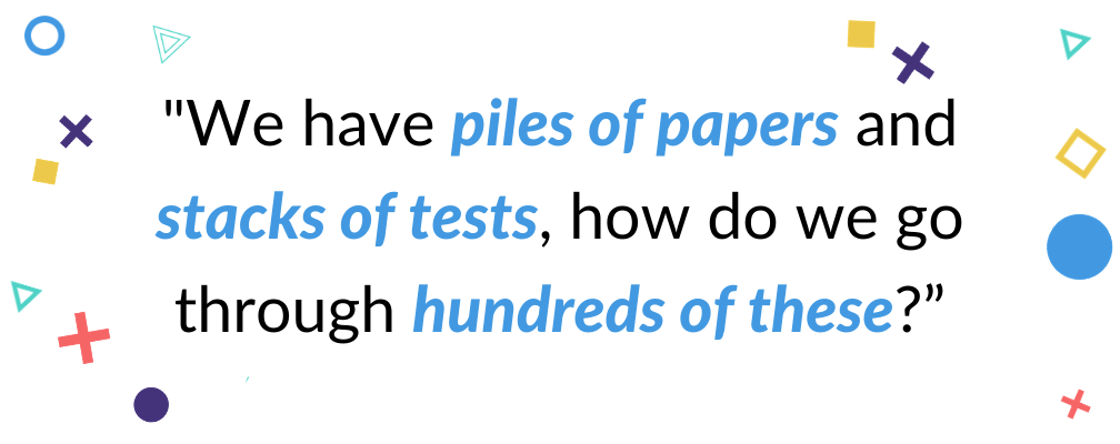 Quote "We have piles of papers and stacks of tests, how do we get through hundreds of these?" on a white background with colorful shapes decorating the edges of the image.