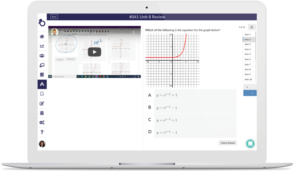 One of Candi's review questions in Otus. A video embedded from her YouTube channel sits next to a graph she's asking a question about. In the bottom right is the option for students to check their answer.